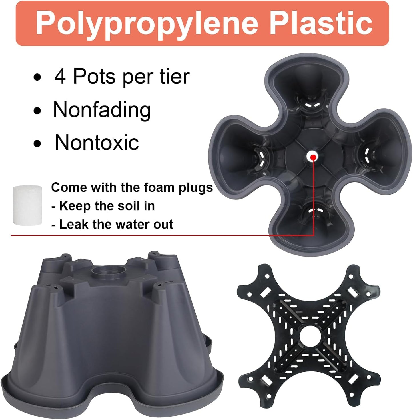 DUNCHATY Stackable Planter, Vertical Garden Planter with Wheels and Tools, Self Watering Strawberry Planter Indoor/Outdoor 6 Tier Herb Planter Pots for Growing Vegetables and Succulents, Dark Gray