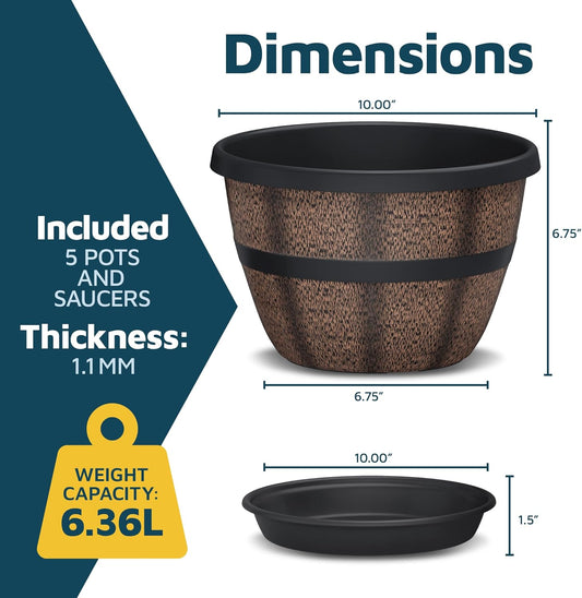 10-Inch Whiskey Barrel Planters Outdoor Pack of 5 - Durable Plastic Plant Pots for Indoor & Outdoor Use with Drainage & Saucer, Lightweight Rustic Barrel Planters for Flowers, Herbs & Small Plants