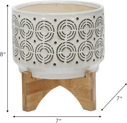Sagebrook Home Ivory Ceramic Planter with Wooden Stand - Decorative Indoor/Outdoor Plant Pot - Modern Boho Home & Garden Decor - Stylish Round Flower Pot for Succulents & Herbs - 8", Ivory & Tan