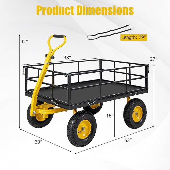 Utility Garden Cart, 1200 lbs Capacity Heavy Duty Wagon Cart with Rotating Handle, Removable Sides & 13" Wheels, Metal Utility Cart for Outdoor Hauling & Gardening