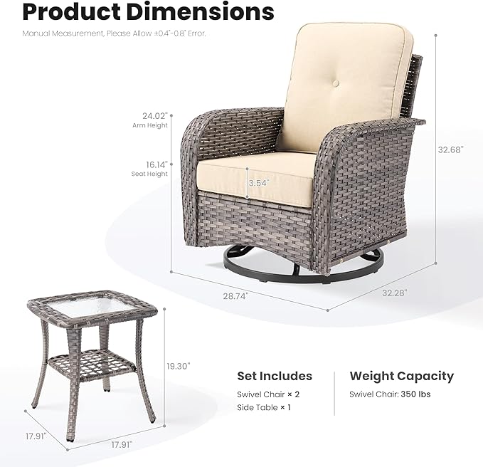 ovios 3 Pieces Patio Furniture Set, Outdoor Rocking Chairs of 2, Wicker Swivel Glider Chairs with Side Table Thick Cushions, All Weather Rattan Bistro Set for Porch, Beige