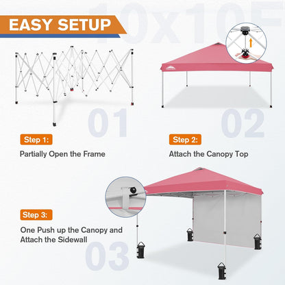 EAGLE PEAK Pop Up Canopy Tent with 1 Sidewall, Easy Setup Event Tent, Outdoor Sun Shade, Wheeled Carry Bag, Stakes and Guy Ropes, Instant Canopy 10x10, Peach Pink