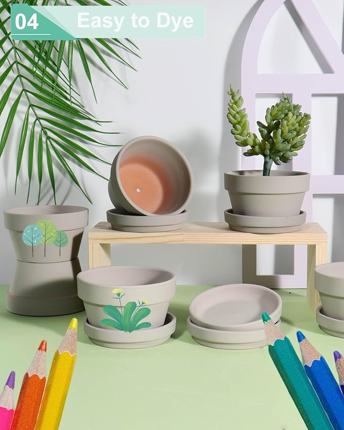 vensovo 3.7 Inch Grey Terracotta Shallow Succulent Pots - 6 Pack Terra Cotta Clay Pot with Saucer, Cacuts Indoor and Outdoor Planters with Drainage Hole