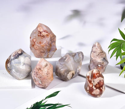 AMOYSTONE Cherry Blossom Agate Flame Shaped Stone Towers Obelisk Flower Agate Natural Healing Crystal Quartz Reiki Energy Decoration Home Office 0.6-1.0LBS