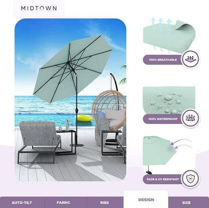 Midtown Umbrellas Sunbrella Umbrella 9 Feet Outdoor Umbrella With Canvas Glacier Acrylic Fabric - Auto-Tilt Aluminum Frame Patio Umbrella For Backyard, Deck, Garden, Pool - Black Pole