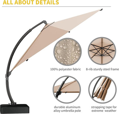 Kingdura 12ft Cantilever Patio Umbrella with Base Included, Large Round Offset Outdoor Pool Umbrella, 360° Rotation & Infinite Tilt, Heavy Duty Aluminum Frame for Deck Backyard, Beige