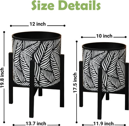 10 & 12 Inches Plant Pot with Stand Set of 2, Decorative Palm Leaves Printing Planter with Holder, Garden Pot for Snake Plant, Monstera, Houseplants - Indoor Outdoor Flower Pots with Drainage Holes