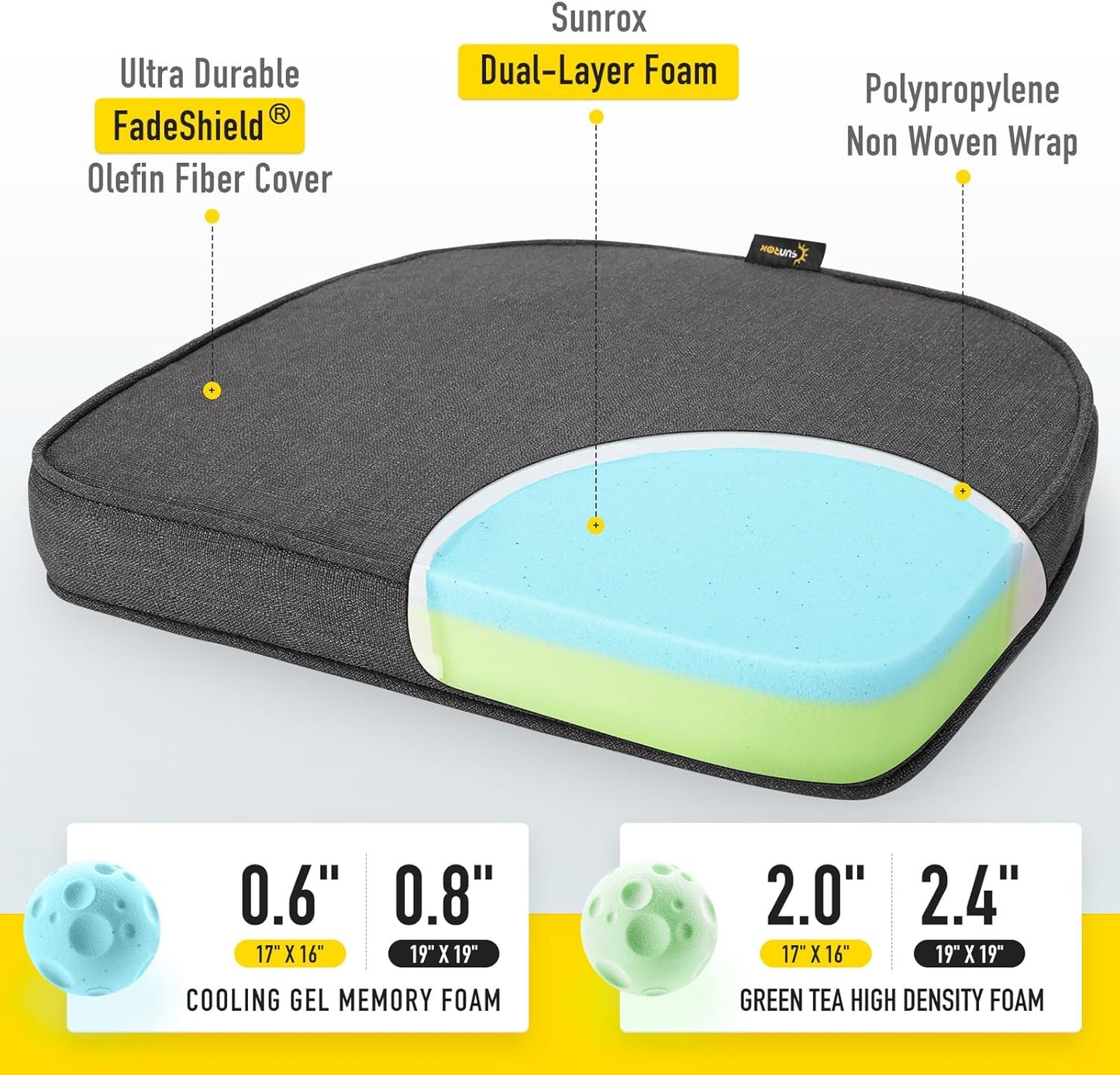 SUNROX Gel Memory Foam Chair Cushions, FadeShield Water-, Stain-Resistant Durable Reversible Seat Cushion Pads with Ties for Indoor/Outdoor Kitchen Dining Office 17"x16" Set of 4, Midnight