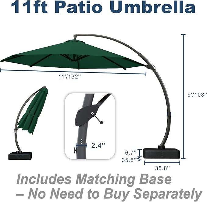 11FT Cantilever Umbrella with Base Large Curvy Outdoor Aluminum Offset Umbrella w/ 360° Rotation, UV Resistant Canopy for Patio, Garden, Backyard, Forest Green