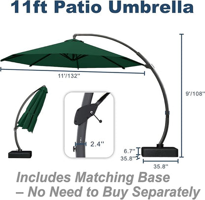 11FT Cantilever Umbrella with Base Large Curvy Outdoor Aluminum Offset Umbrella w/ 360° Rotation, UV Resistant Canopy for Patio, Garden, Backyard, Forest Green
