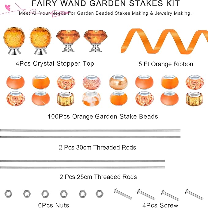 119 Pcs Garden Stake DIY Fairy Wand Plant Stake with Orange Large Hole Beads Crystal Diamond Stopper Top 4 Stainless Steel Threaded Rod Beaded Garden Stakes for Outdoor Indoor Yard Patio Decorations