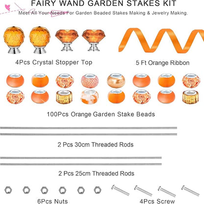 119 Pcs Garden Stake DIY Fairy Wand Plant Stake with Orange Large Hole Beads Crystal Diamond Stopper Top 4 Stainless Steel Threaded Rod Beaded Garden Stakes for Outdoor Indoor Yard Patio Decorations
