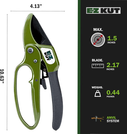 EZ Kut Heavy Duty Pruning Shears Green - with Ratcheting Action Great Garden Hand Tool Clippers Gardening pruners arthritis tools Ratcheting Anvil Hand Pruner Pruning Shears Heavy Duty Since 1988
