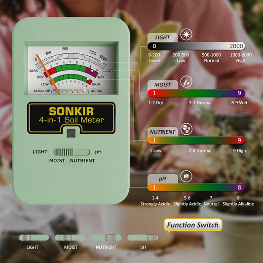 Soil Moisture Meter, 4-in-1 Soil Ph Meter, Soil Tester for Nutrients, Moisture, PH and Light, Soil Ph Test Kits for Plant, Great for Garden, Indoor & Outdoor Use (No Battery Required), Green