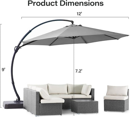 LAUSAINT HOME Outdoor Patio Umbrella with Base included, 12 FT Deluxe Curvy Cantilever Umbrella Heavy Duty Offset Hanging Umbrella with 360° Rotation for Market, Pool, Garden, Backyard, Deck (Grey)