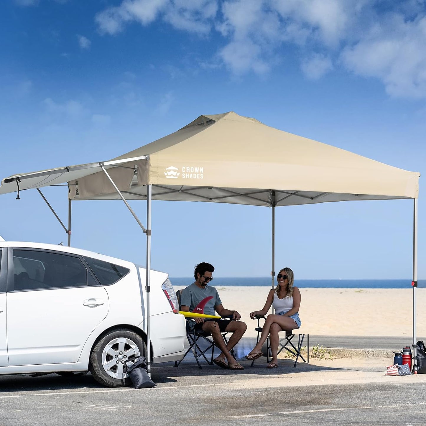 CROWN SHADES 10x10 Pop up Canopy Tent, Instant Commercial Canopy with Extend Awning, Patended Centerlock, 150D Silver Coated Fabric, 4 Ropes, 8 Stakes, 4 Weight Bags, STO 'N Go Bag, Khaki