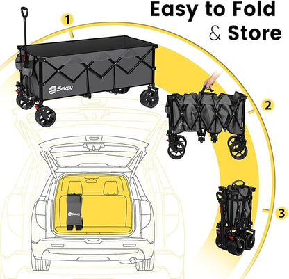 Sekey 48''L Collapsible Foldable Extended Wagon with 440lbs Weight Capacity, Heavy Duty 300L Folding Utility Garden Cart with Big All-Terrain Beach Wheels & Drink Holders. Grey