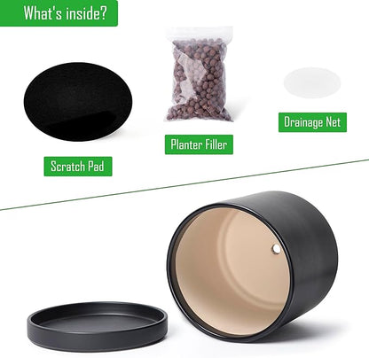 D'vine Dev 14 Inch Ceramic Planter Pot with Drainage Hole and Saucer, Indoor Cylinder Round Planter Pot, Black, 94-O-G-2