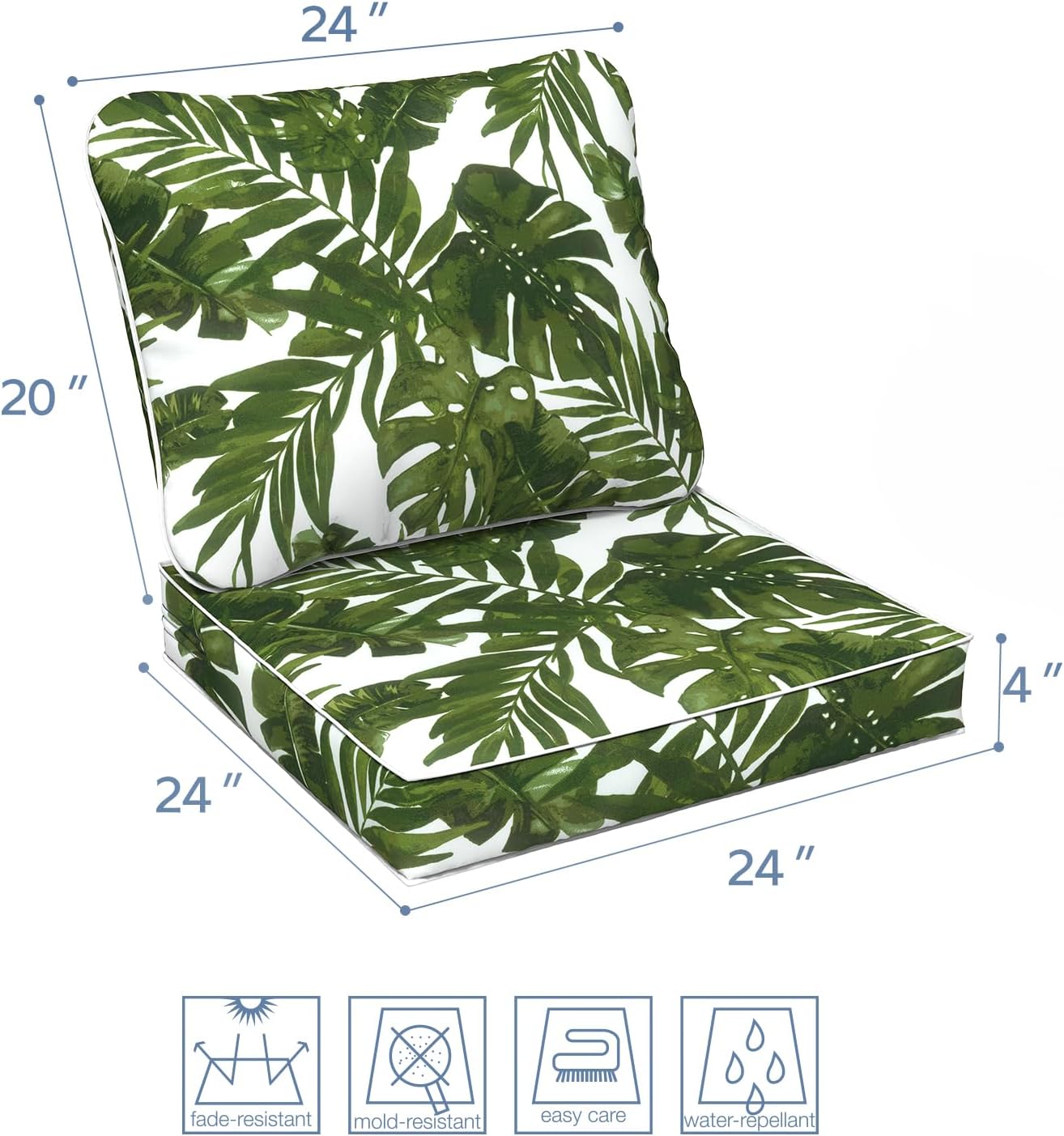LVTXIII Outdoor/Indoor Deep Seat Cushion Patio Seat and Back Cushion Set All-Weather Replacement Chair Cushion for Chairs Sofa and Coach, 24"x24"x4", Palms Green