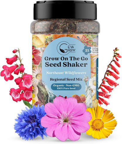 on The Go Regional Wildflower Seed Shaker - Northeast USA Wildflowers - 100% Pure Seed - Organic, Non-GMO - 21 Wildflower Variety Seeds of Annual & Perennial, 2oz