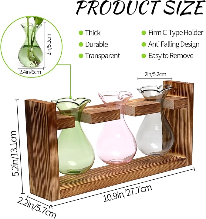 Plant Propagation Station Plant Terrarium Unique Birthday Gifts for Women Home Office Decor Planter with Wooden Stand - 3 Bulb Glass Vase