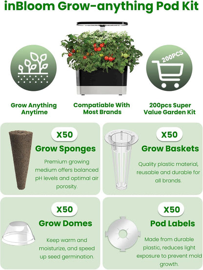 inbloom Grow Anything Seed Pod Kit for AeroGarden, Ahopegarden, GARDENCUBE, iDoo, MUFGA Hydroponic Growing System, 200 Pcs Indoor Garden Supply with 50 Grow Sponges, 50 Baskets, 50 Domes and 50 Labels