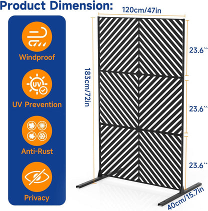 Metal Privacy Screen 72" H x 47.2" Decorative Outdoor Privacy Screen Privacy Panel with Stand for Balcony Deck Patio Lawn Garden, Privacy Fence (Black-Arrow)