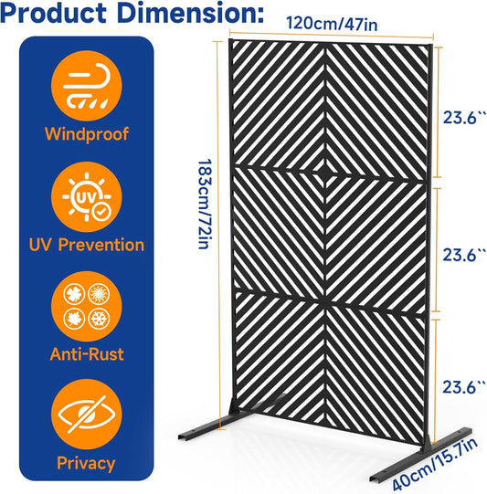 Metal Privacy Screen 72" H x 47.2" Decorative Outdoor Privacy Screen Privacy Panel with Stand for Balcony Deck Patio Lawn Garden, Privacy Fence (Black-Arrow)