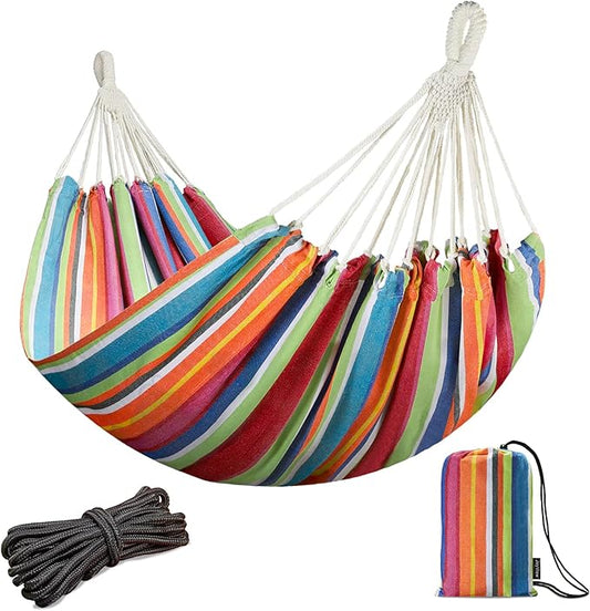 JoyView Brazilian Double Hammock with Hanging Ropes Extra Large 86.6x59” Portable Cotton Hammock for Patio Backyard Porch 450LBS Weight Capacity Perfect for Outdoor/Indoor - Color Stripes