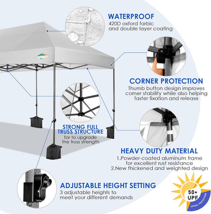 COBIZI 10x20 Heavy Duty Pop up Canopy Tent Easy Up Commercial Outdoor Canopy Wedding Party Tents for Parties All Season Wind & Waterproof Gazebo with Roller Bag,White(Frame Thickened)