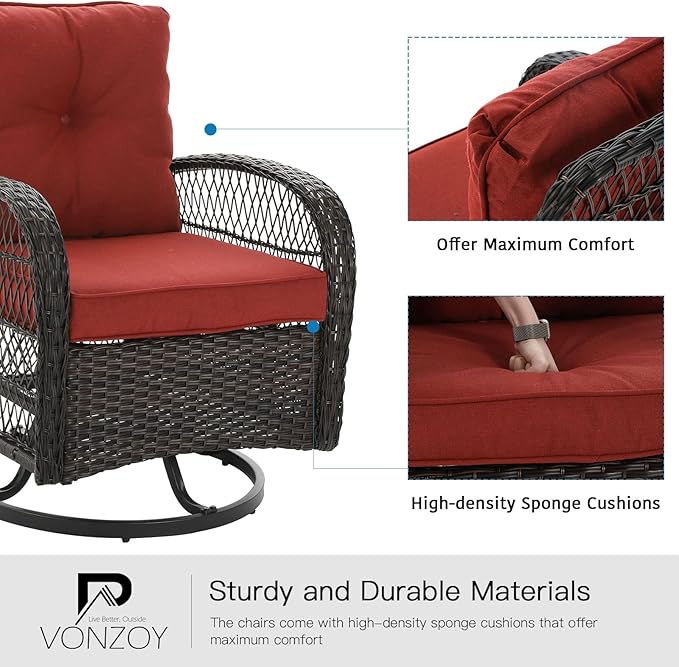 3 Pieces Patio Furniture Set, Outdoor Swivel Glider Rocker, Wicker Patio Bistro Set with Rocking Chair, Thickened Cushions and Table for Porch (Red)