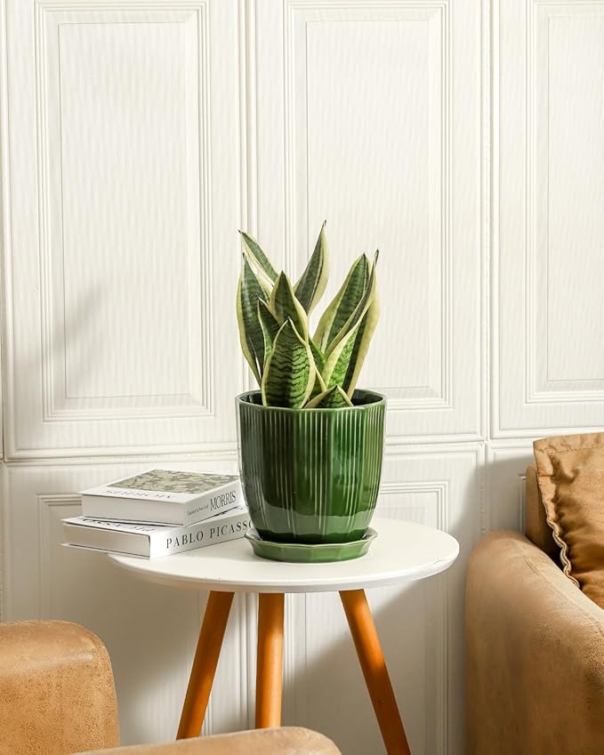 ADN Ceramic Planter - Large Plant Pot Geometric Design Flower Pot with Drainage Hole and Saucer for Outdoor Indoor Plants (Green, 8 in)