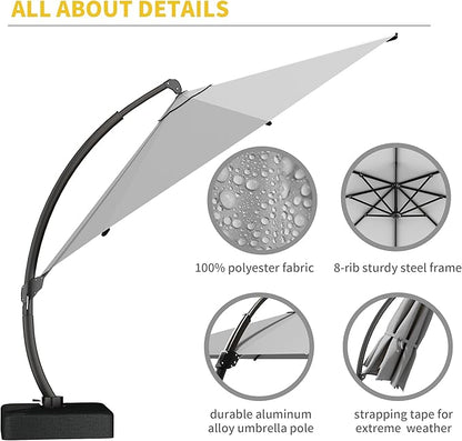 Kingdura 11ft Offset Cantilever Patio Umbrella with Base Included, Large Round Aluminum Outdoor Umbrella, 360° Rotation & Infinite Tilt, Heavy Duty Frame for Deck Pool Backyard, Light grey
