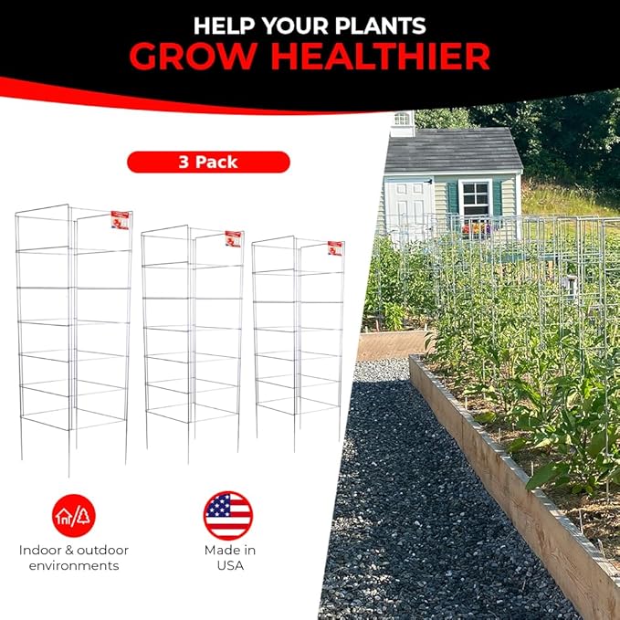Cedar Ridge Square Foldable Tomato Cages - Made in USA Heavy Duty Plant Support for Vegetable Garden, Vegetables, and Flowers - Stakes and Trellis for Climbing Plants (13x56) 3-Pack