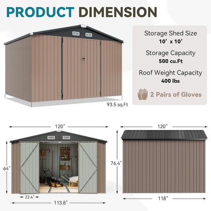 10x10 FT Outdoor Storage Shed, Utility Steel Tool Shed with Lockable Door and Air Vents, Galvanized Metal Shed for Garden Backyard Patio Lawn (10'x10', Brown)