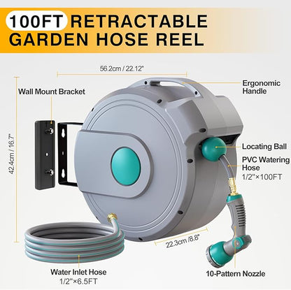 AXTRIM 100 ft x1/2 in Retractable Garden Hose Reel, Premium Wall Mounted Water Hose Reel with 10-Pattern Spray Nozzle, Any Length Lock, Slow Return System, 180° Metal Swivel Bracket, Anti-UV