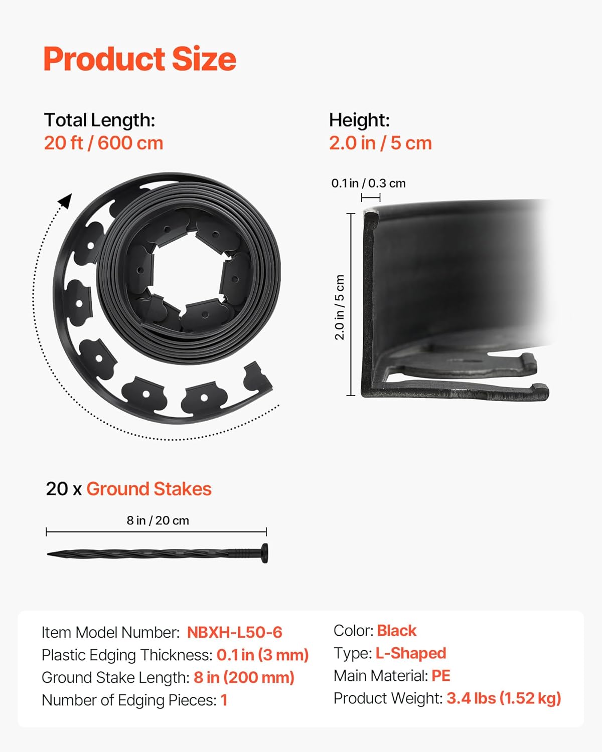 VEVOR Landscape Edging, 20 ft x 2 in Plastic Garden Border Edging with 120 Spikes, No Dig, Flexible Lawn Edgings Roll, UV-Resistant Mini Fence Borders Pathway Edgings for Flower Beds Yard Paver