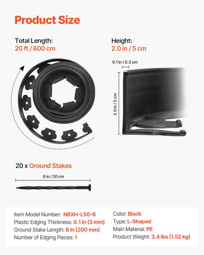 VEVOR Landscape Edging, 20 ft x 2 in Plastic Garden Border Edging with 120 Spikes, No Dig, Flexible Lawn Edgings Roll, UV-Resistant Mini Fence Borders Pathway Edgings for Flower Beds Yard Paver