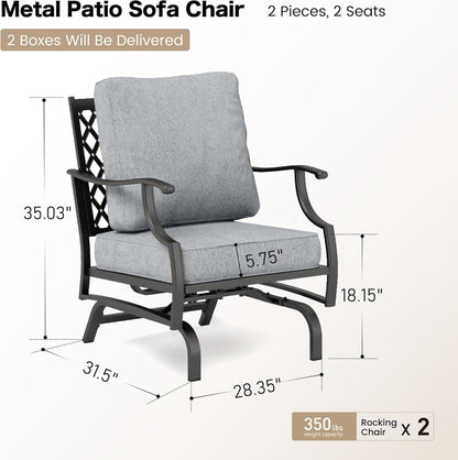 Metal Outdoor Rocker Patio Chairs Set of 2 with 5.75" Extra Thick Cushion, 2 Piece High Back Rocker Patio Chairs All Weather Outdoor Furniture Seating for Deck Balcony Porch, Gray