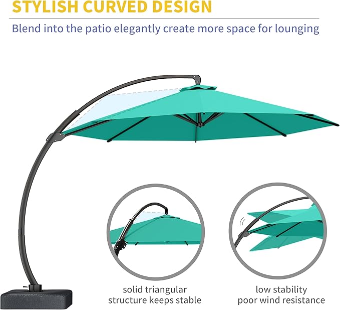 Kingdura 11ft Cantilever Patio Umbrella with Base Included, Large Round Offset Outdoor Pool Umbrella, 360° Rotation & Infinite Tilt, Heavy Duty Aluminum Frame for Deck Backyard, Turquoise Blue