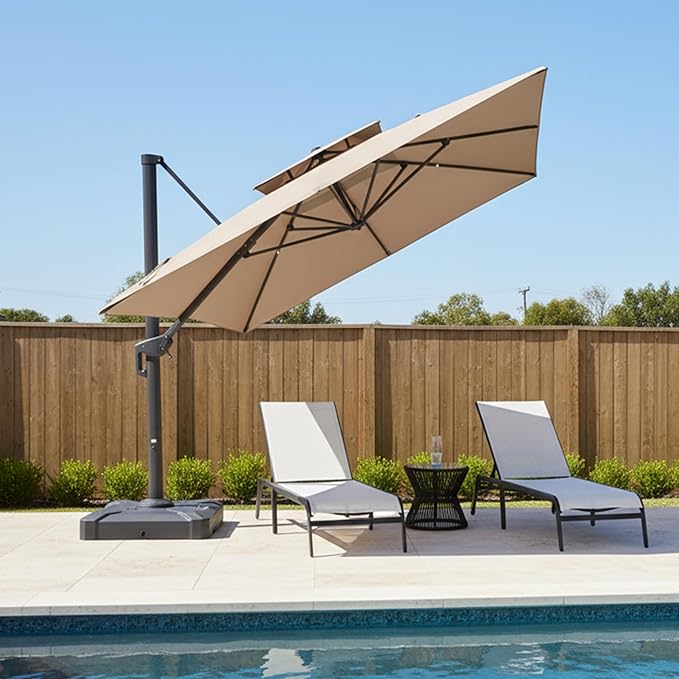 PURPLE LEAF 12 FT Cantilever Patio Umbrella Outdoor Umbrella with 330lbs Base Large Square Windproof Offset Umbrella for Pool Deck Garden, Sand Dune