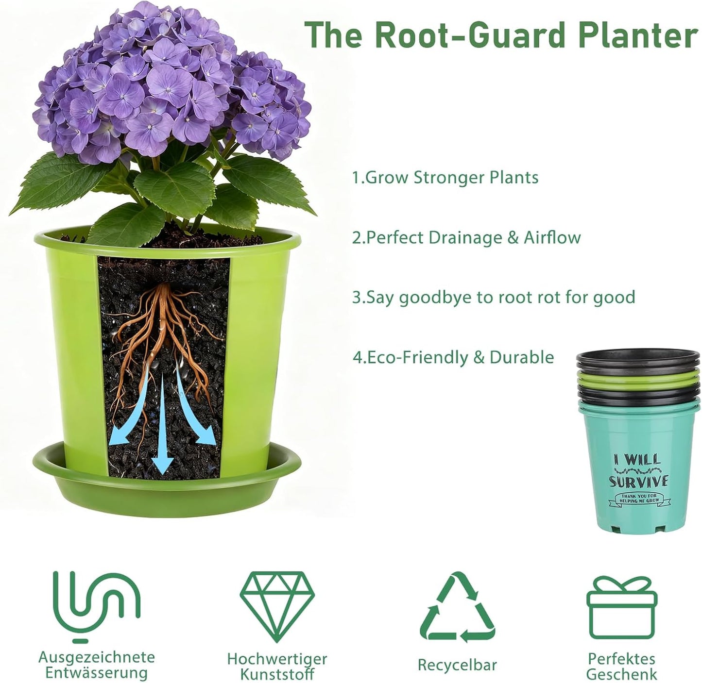 NIKONIKO 8 Pack 6.5 Inch Plant Pots, 4 Colors Pots for Plants, Flower Pots with Drainage Holes and Bottom Support, for Indoor & Outdoor Garden Home Plants