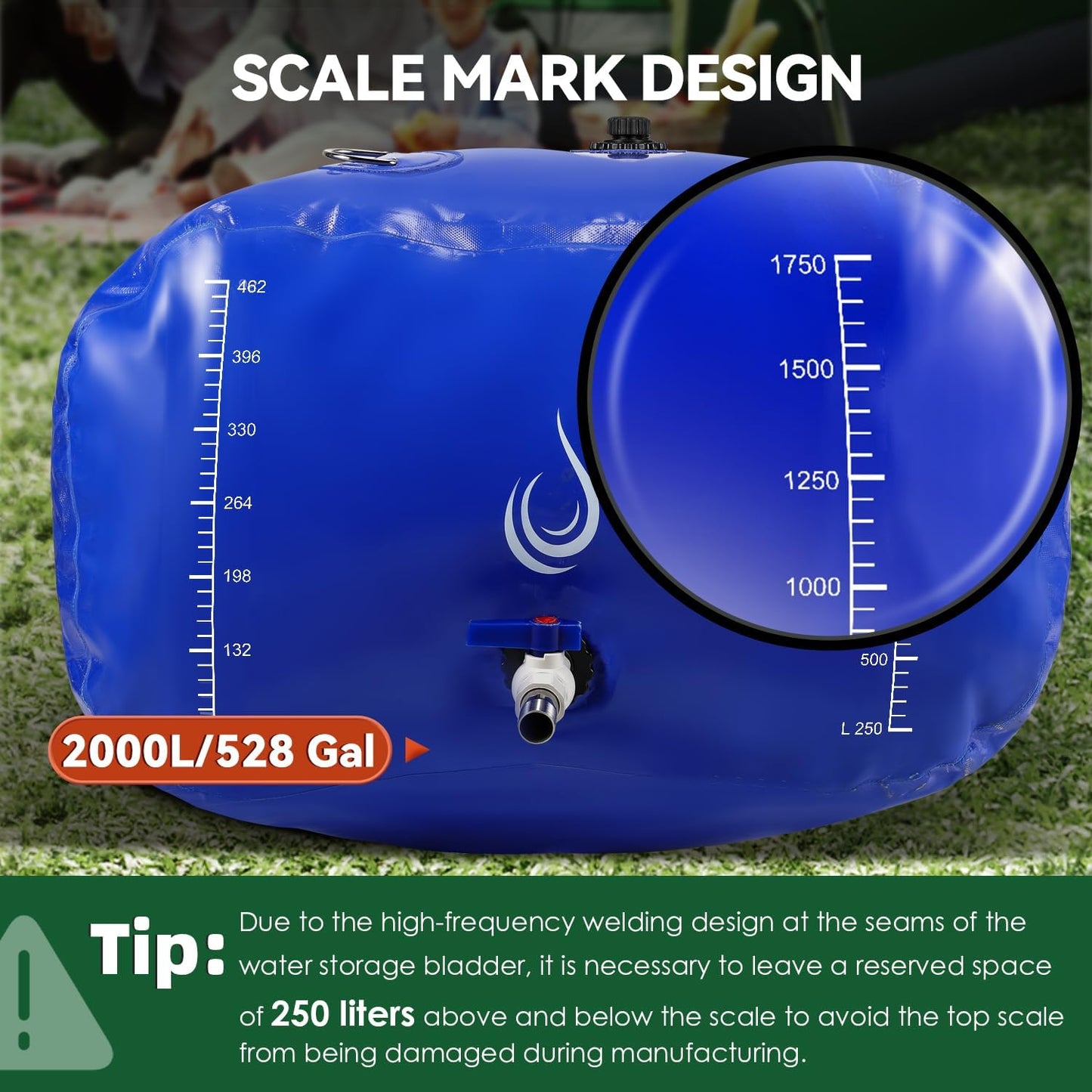 LANUEVA 528 Gal/2000L Portable Water Storage Bladder, 1000D PVC Foldable Water Tank with Spigots and Overflow Kit, Water Storage Containers for Emergency Water, RV, Irrigation&Camping (Blue, 2000L)