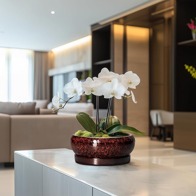 Bonsai Pots - 8 Inch Ceramic Succulent Planters for Indoor Outdoor, Round Shallow Planters with Drainage Hole and Saucer, Succulent Planter Bowl, Home Decor, Housewarming Gifts, Red