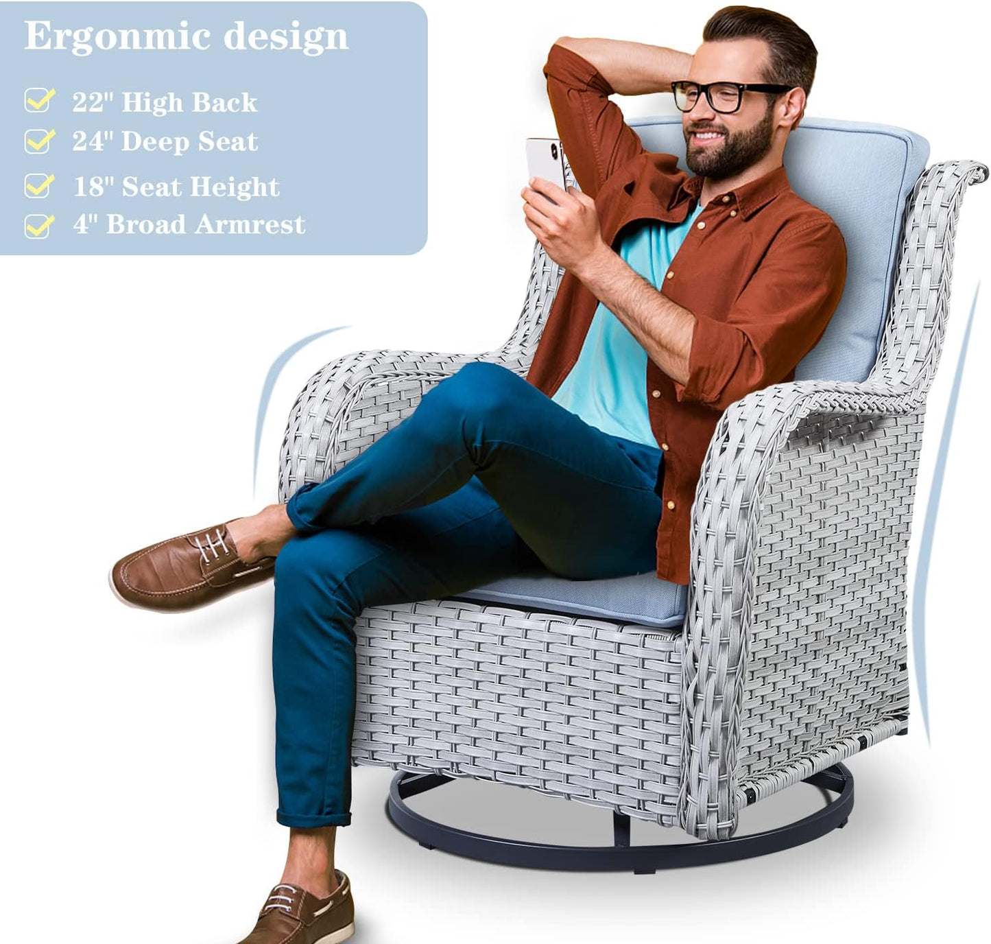 Wicker Patio Furniture Sets - 8 Piece Outdoor Rattan Furniture Conversation Sets with 4 Swivel Rocker Chairs, Rattan Sofa, Wicker Ottomans and Coffee Table, Light Grey/Baby Blue