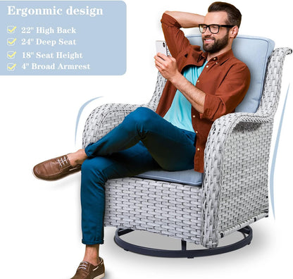 Wicker Patio Furniture Sets - 8 Piece Outdoor Rattan Furniture Conversation Sets with 4 Swivel Rocker Chairs, Rattan Sofa, Wicker Ottomans and Coffee Table, Light Grey/Baby Blue