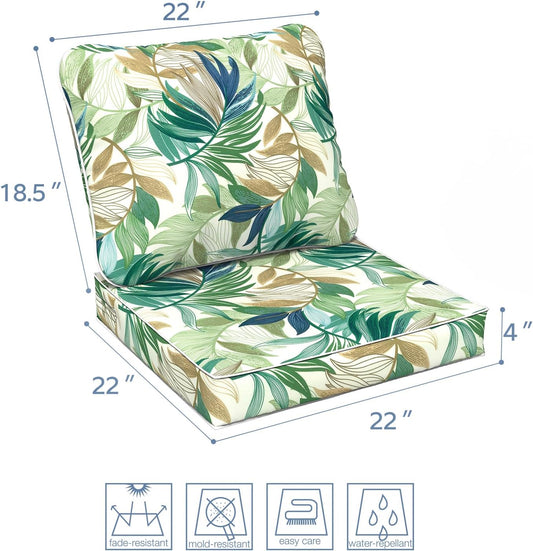 LVTXIII Outdoor Deep Seat Cushion Patio Seat and Back Cushion Set Seasonal Chair Cushion with Removable Cover and Adjustable Buckle for Home and Garden, 22"x22"x4", Lush Leaf Green