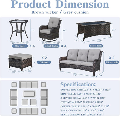 Wicker Patio Furniture Sets - 13 Piece Outdoor Rattan Furniture Conversation Sets with 4 Swivel Rocker Chairs, 2 Rattan Sofas, Wicker Ottomans and Coffee Table, Brown/Grey