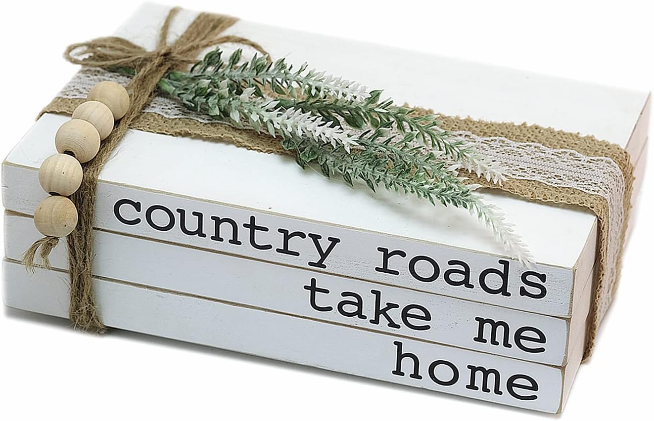 Lavender Inspired Decorative Books for Home Decor| Boho Chic Coffee Table Books Decor|Set of 3 Faux Books Stack for Fireplace Mantle Decoration| Entryway Table Decor| Farmhouse Living Room Decor| Neutral Home Decor-Country Roads,Take Me Home Sign