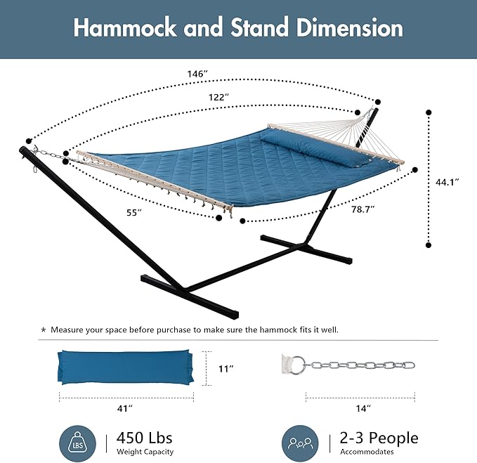 ANOW Double Hammock with 12 Feet Heavy Duty Steel Stand Combo, 2 Person Quilted Hammock with Stand for Outside, 450 LBS Weight Capacity, Blue